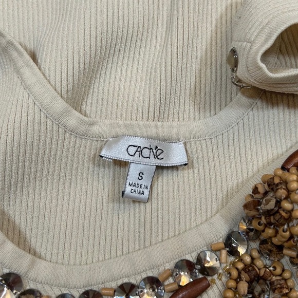 Y2K VTG Cache Beaded Tank Top Cream Ribbed Knit Sleeveless Embellished Women's S - Picture 4 of 9